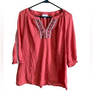 J. JILL Coral Cotton Blend Embroidered V-neck peasant BOHO Blouse Medium